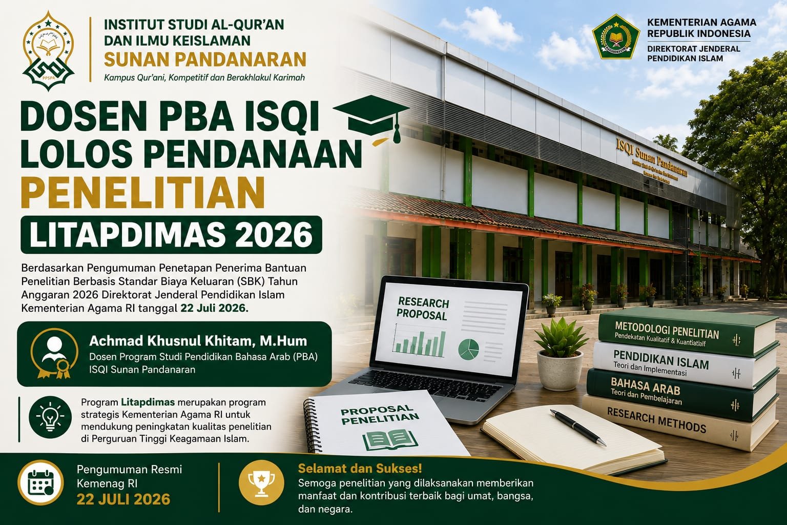 Dosen PBA ISQI Sunan Pandanaran Lolos Pendanaan Penelitian Litapdimas 2026